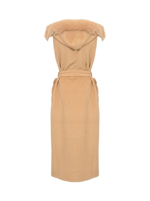 Cappotto gilet CD1204 in lana con pelliccia di volpe Cammello YES LONDON | CD1204 CAPP E TASCCAMEL